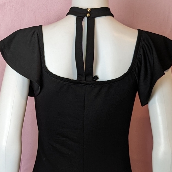 Black Ruffle Hem Short Sleeve Choker Sweetheart Neckline Classic Midi Dress M - Picture 5 of 8